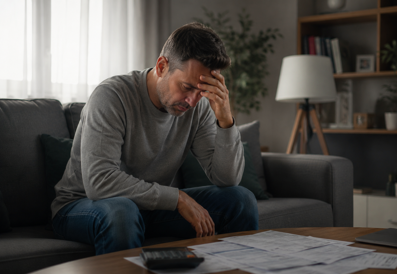 Hombre de mediana edad sentado en el sofá de su casa, con facturas y una calculadora sobre la mesa
